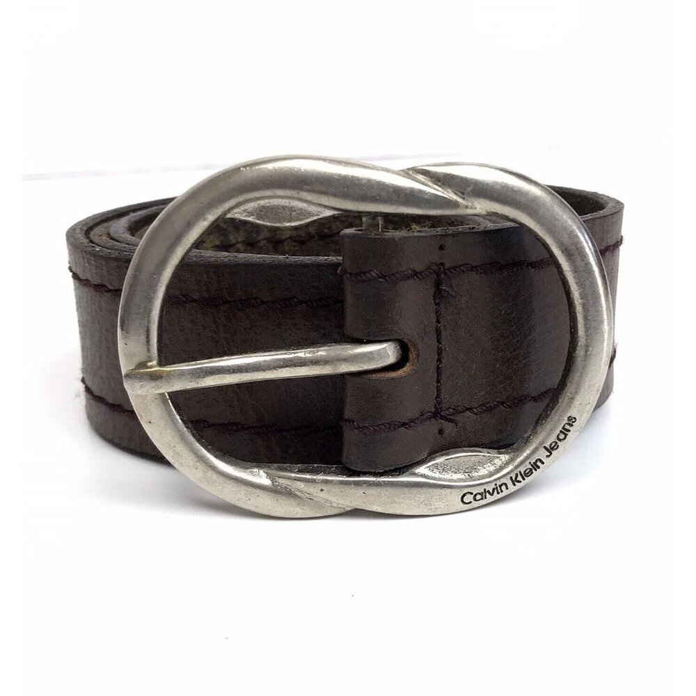 Calvin Klein Distressed Brown Leather Saddle Belt Silver Buckle Unisex XL 47" L
